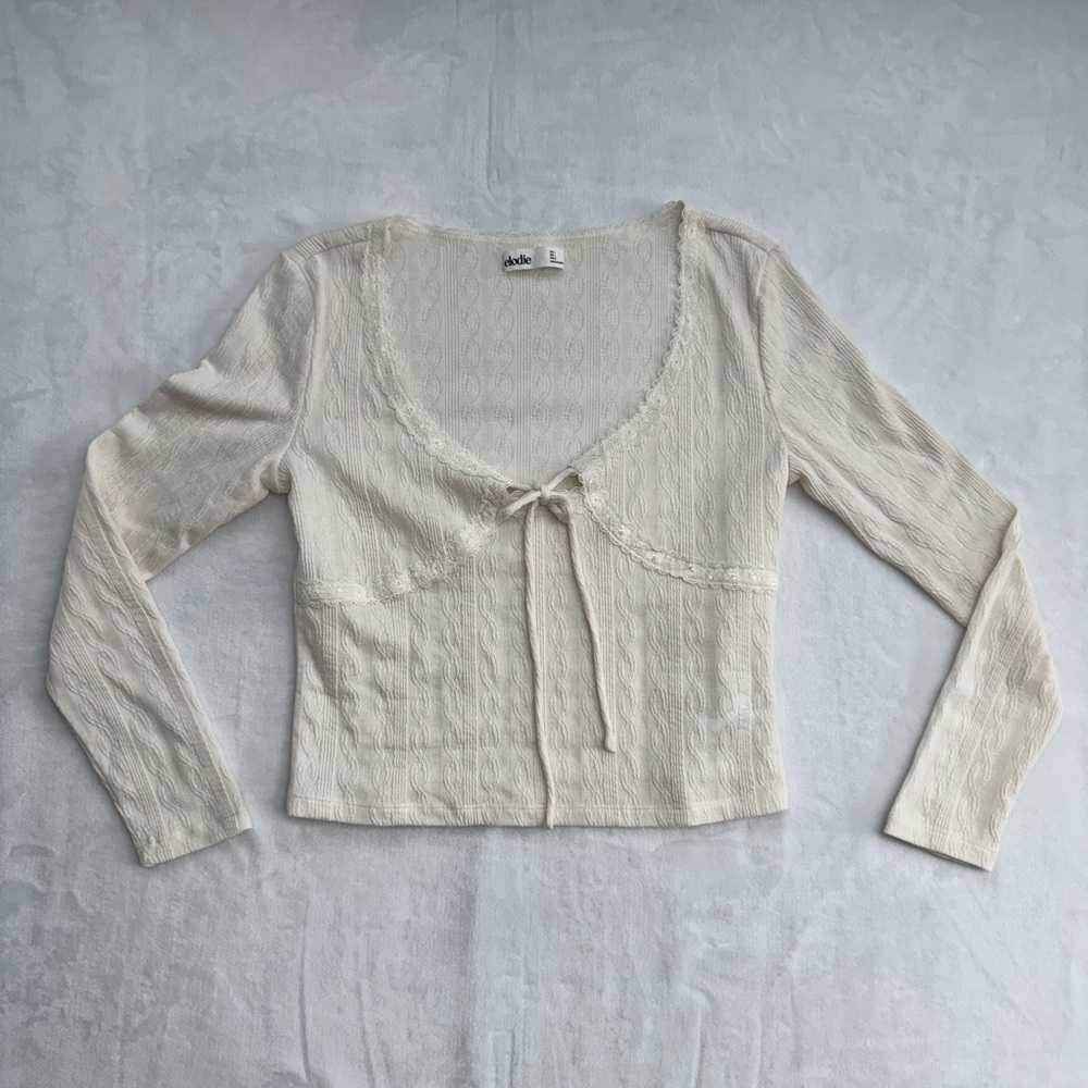 Elodie Ivory Knit Tie Front Crop Top Women L Romantic Cottagecore Y2K Boho Chic